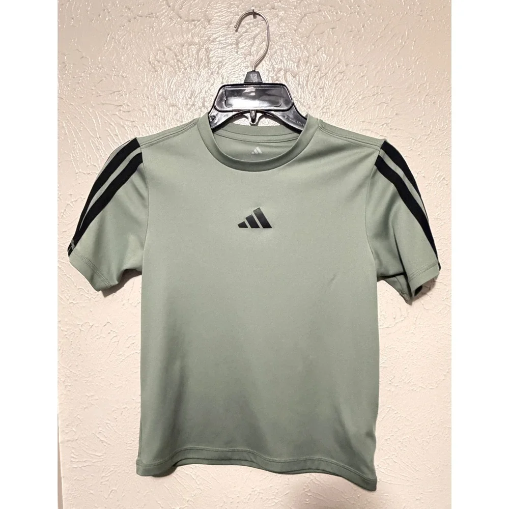 Adidas Kids Sage Green 3-Stripe Performance Athletic T-Shirt Size S 8 HCM050